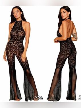 Dreamgirl Black Lace Halter Jumpsuit with Flared Mesh Legs | NWOT | OS
